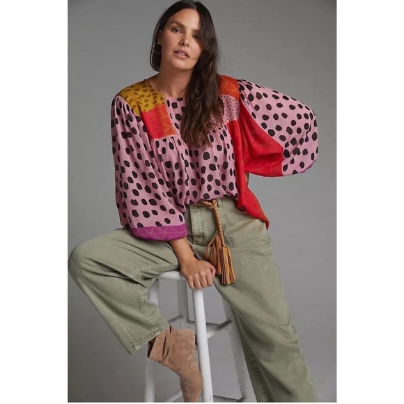 Anthropologie Tops - Anthropologie Pink and Red Polka Dot Blouse